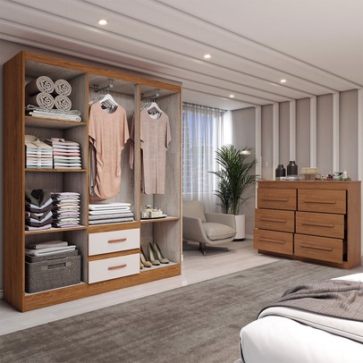 Guarda-Roupa Solteiro Europa 6 Portas 2 Gavetas com Cômoda 6 Gavetas Cinamomo/Off White - Panorama Móveis