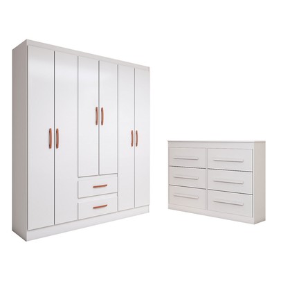 Guarda-Roupa Solteiro Europa 6 Portas 2 Gavetas com Cômoda 6 Gavetas Branco - Panorama Móveis