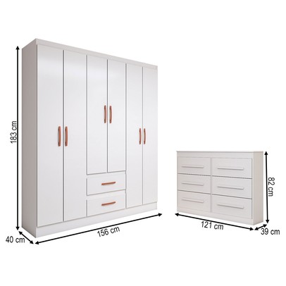 Guarda-Roupa Solteiro Europa 6 Portas 2 Gavetas com Cômoda 6 Gavetas Branco - Panorama Móveis
