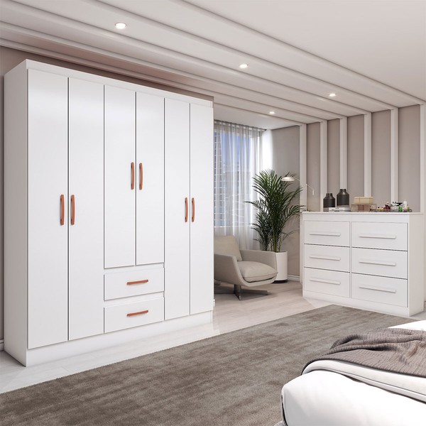 Guarda-Roupa Solteiro Europa 6 Portas 2 Gavetas com Cômoda 6 Gavetas Branco - Panorama Móveis