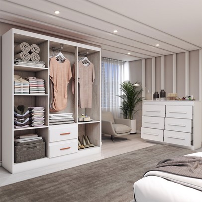 Guarda-Roupa Solteiro Europa 6 Portas 2 Gavetas com Cômoda 6 Gavetas Branco - Panorama Móveis
