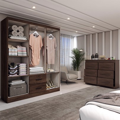 Guarda-Roupa Solteiro Europa 6 Portas 2 Gavetas com Cômoda 6 Gavetas Castanho - Panorama Móveis