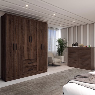 Guarda-Roupa Solteiro Europa 6 Portas 2 Gavetas com Cômoda 6 Gavetas Castanho - Panorama Móveis