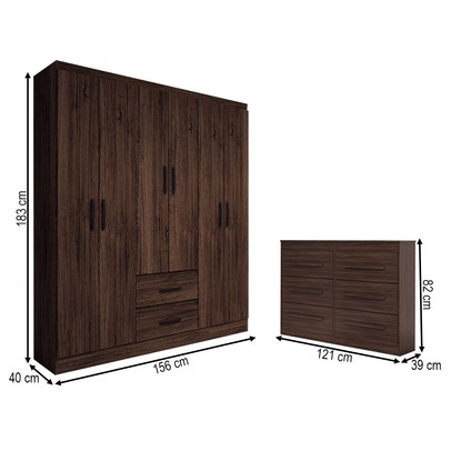 Guarda-Roupa Solteiro Europa 6 Portas 2 Gavetas com Cômoda 6 Gavetas Castanho - Panorama Móveis
