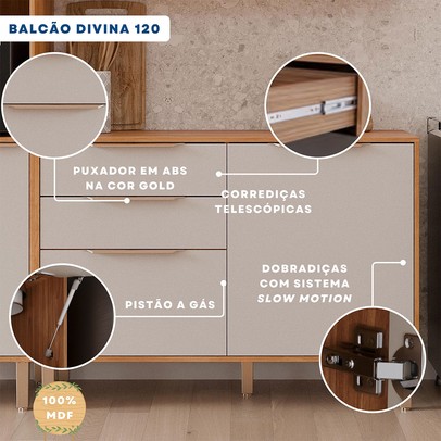 Balcão de Cozinha 120 Cm Divina 2 Portas 2 Gavetas Cinamomo/Off White - Mgm Móveis