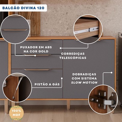 Balcão de Cozinha 120 Cm Divina 2 Portas 2 Gavetas Cinamomo/Titanium - Mgm Móveis