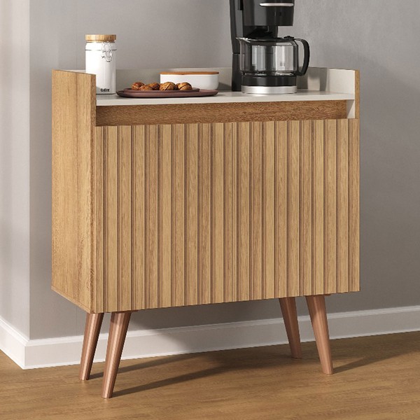 Balcão Buffet Retro 2 Portas 1 Prateleira Ripado 3d Canelato/Natura/Off White - Atualle Móveis