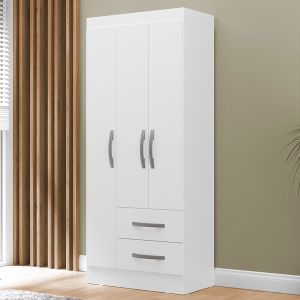 Guarda-Roupa Solteiro Adolfo 3 Portas 2 Gavetas Branco Neve - Mx Móveis