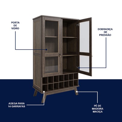 Cristaleira Paris 2 Portas 2 Prateleiras com Vidro Imbuia Natural - Rodmoveis