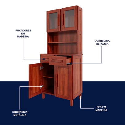 Armário de Cozinha Sergipe 4 Portas 2 Prateleiras com Vidro Mel - Rodmoveis