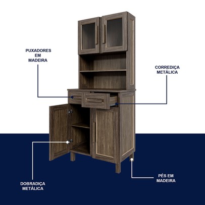 Armário de Cozinha Sergipe 4 Portas 2 Prateleiras com Vidro Imbuia Natural - Rodmoveis