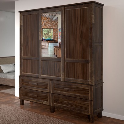 Guarda-Roupa Casal Grécia 3 Portas 4 Gavetas com Espelho Imbuia Natural - Rodmoveis