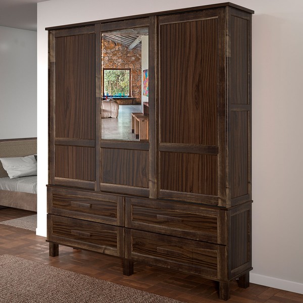 Guarda-Roupa Casal Grécia 3 Portas 4 Gavetas com Espelho Imbuia Natural - Rodmoveis