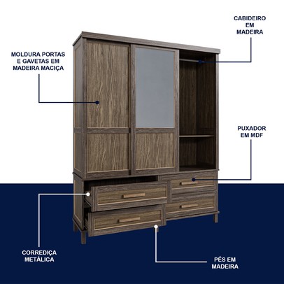 Guarda-Roupa Casal Grécia 3 Portas 4 Gavetas com Espelho Imbuia Natural - Rodmoveis