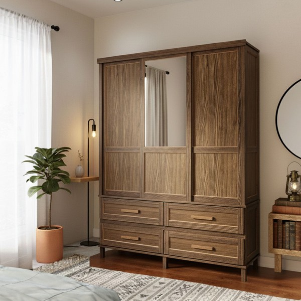 Guarda-Roupa Casal Grécia 3 Portas 4 Gavetas com Espelho Imbuia Natural - Rodmoveis