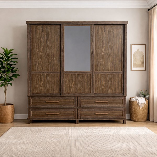 Guarda-Roupa Casal Grécia 3 Portas 4 Gavetas com Espelho Imbuia Natural - Rodmoveis