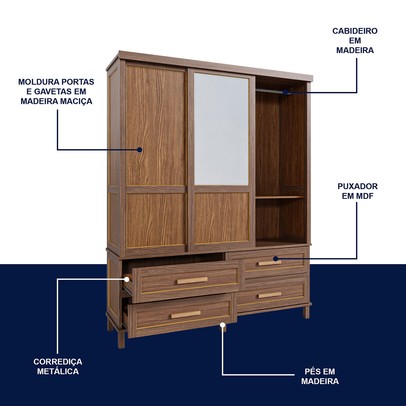 Guarda-Roupa Casal Grécia 3 Portas 4 Gavetas com Espelho Ypê - Rodmoveis