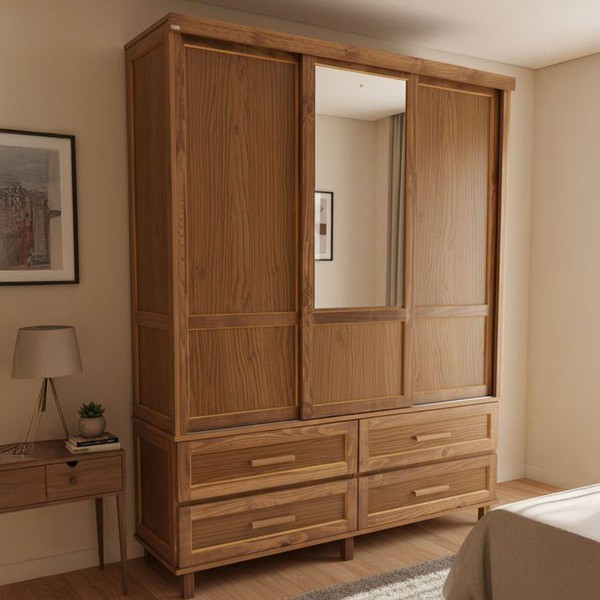 Guarda-Roupa Casal Grécia 3 Portas 4 Gavetas com Espelho Ypê - Rodmoveis