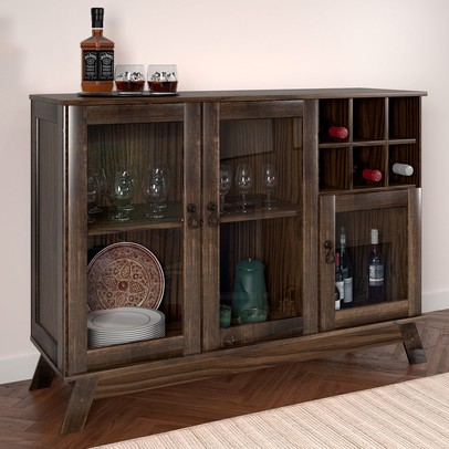 Balcão Buffet Paris 3 Portas 1 Prateleira com Vidro Imbuia Natural - Rodmoveis