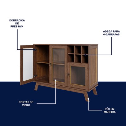 Balcão Buffet Paris 3 Portas 1 Prateleira com Vidro Ypê - Rodmoveis