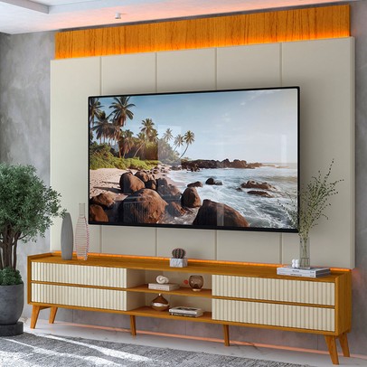 Rack com Painel para TV Até 85 Polegadas Magnífico 4 Gavetas Ripado 100% Mdf com Led Naturale/Off White - Gelius