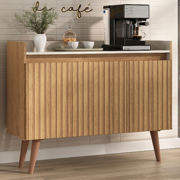 Balcão Buffet Retro 3 Portas 1 Prateleira Ripado 3d Canelato/Natura/Off White - Atualle Móveis