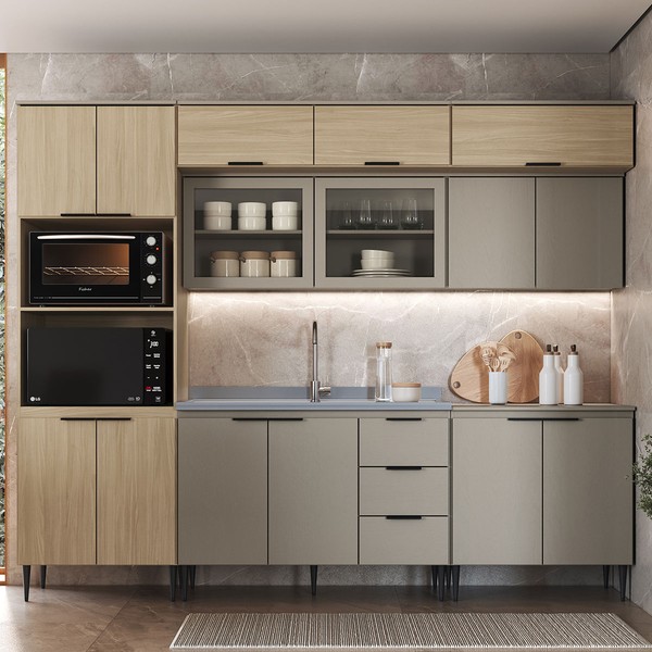 Cozinha Completa Lavínia 15 Portas 3 Gavetas com Vidro Imperial/Fume - Jcarvalho