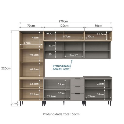 Cozinha Completa Lavínia 15 Portas 3 Gavetas com Vidro Imperial/Fume - Jcarvalho