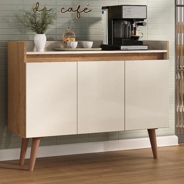 Balcão Buffet Retro 3 Portas 1 Prateleira Canelato/Natura/Off White - Atualle Móveis
