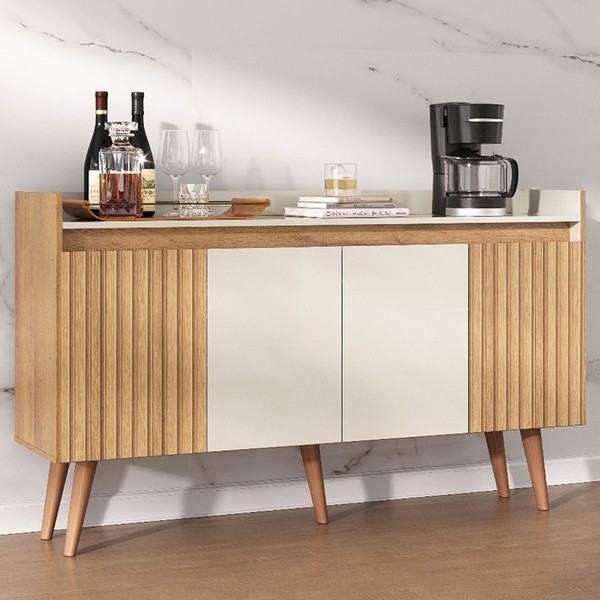 Balcão Buffet Retro 4 Portas 1 Prateleira Ripado 3d Canelato/Natura/Off White - Atualle Móveis