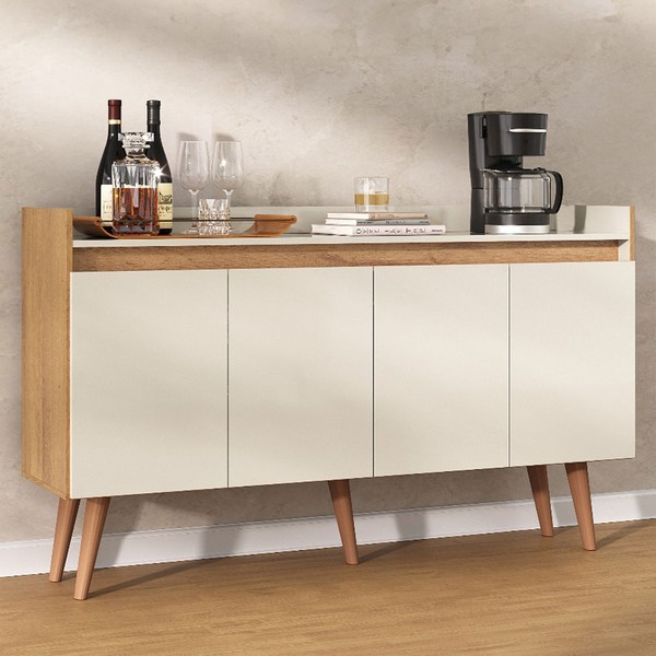 Balcão Buffet Retro 4 Portas 1 Prateleira Canelato/Natura/Off White - Atualle Móveis