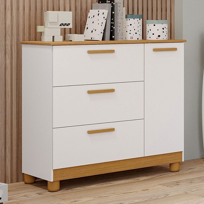 Cômoda Infantil Jujuba 3 Gavetas 1 Porta Branco/Nature - Permóbili