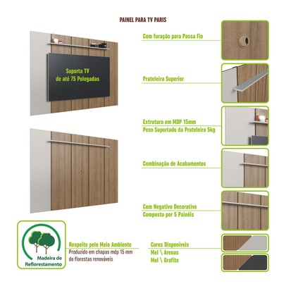 Painel para TV Até 75 Polegadas Paris 1 Prateleira Arenas - Art In Móveis