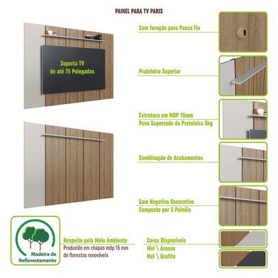 Painel para TV Até 75 Polegadas Paris 1 Prateleira Grafite - Art In Móveis