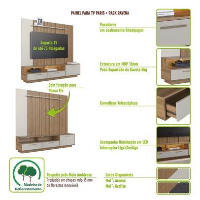 Estante para TV para TV Até 75 Polegadas Ravenna 1 Porta 2 Gavetas com Led Arenas - Art In Móveis