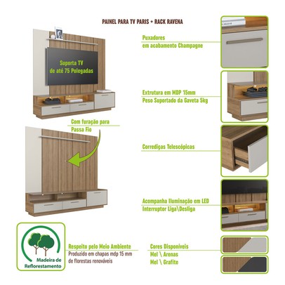 Estante para TV para TV Até 75 Polegadas Ravenna 1 Porta 2 Gavetas com Led Grafite - Art In Móveis