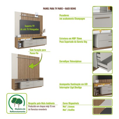 Estante para TV Até 75 Polegadas Reims 1 Porta 2 Gavetas com Led Arenas - Art In Móveis