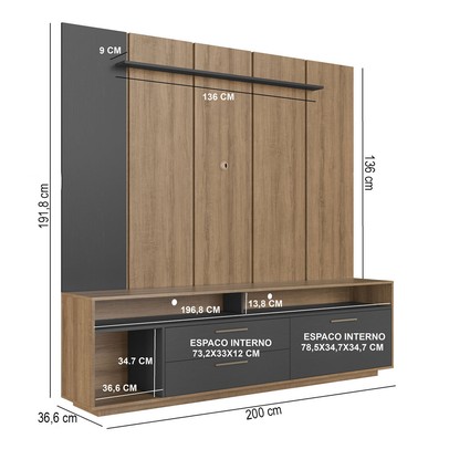 Estante para TV Até 75 Polegadas Reims 1 Porta 2 Gavetas com Led Grafite - Art In Móveis