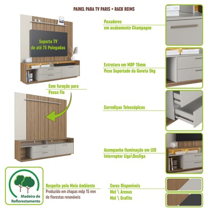 Estante para TV Até 75 Polegadas Reims 1 Porta 2 Gavetas com Led Grafite - Art In Móveis