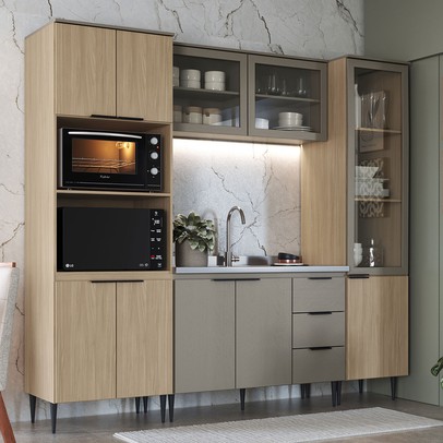 Cozinha Completa Lavínia 10 Portas 3 Gavetas com Vidro Imperial/Fume - Jcarvalho