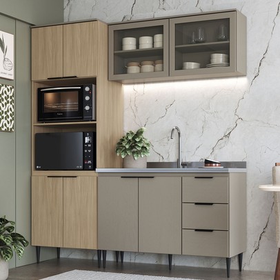 Cozinha Compacta Lavínia 8 Portas 3 Gavetas com Vidro Imperial/Fume - Jcarvalho