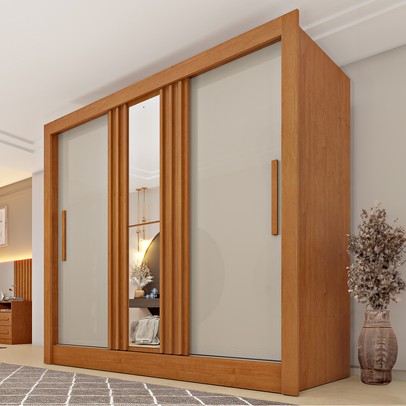 Guarda-Roupa Casal Paraty 3 Portas 4 Gavetas com Espelho Ripado Flex Cinamomo/Off White - Tcil Móveis