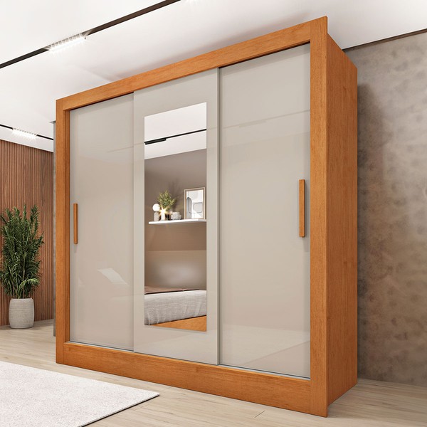 Guarda-Roupa Casal Vitória 3 Portas 4 Gavetas com Espelho Flex Cinamomo/Off White 33376 - Tcil Móveis