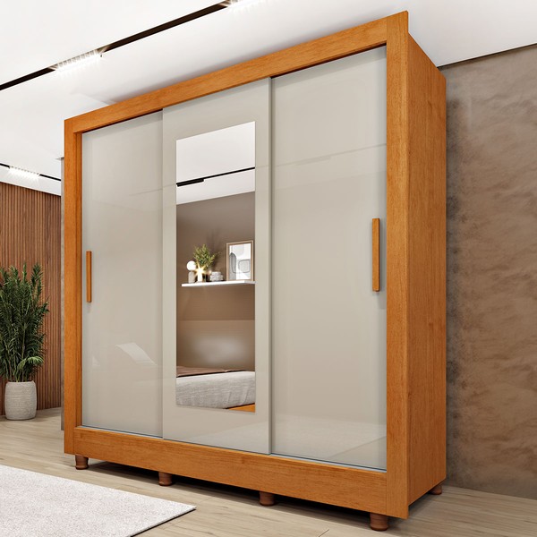 Guarda-Roupa Casal Vitória 3 Portas 4 Gavetas com Espelho Flex Cinamomo/Off White - Tcil Móveis