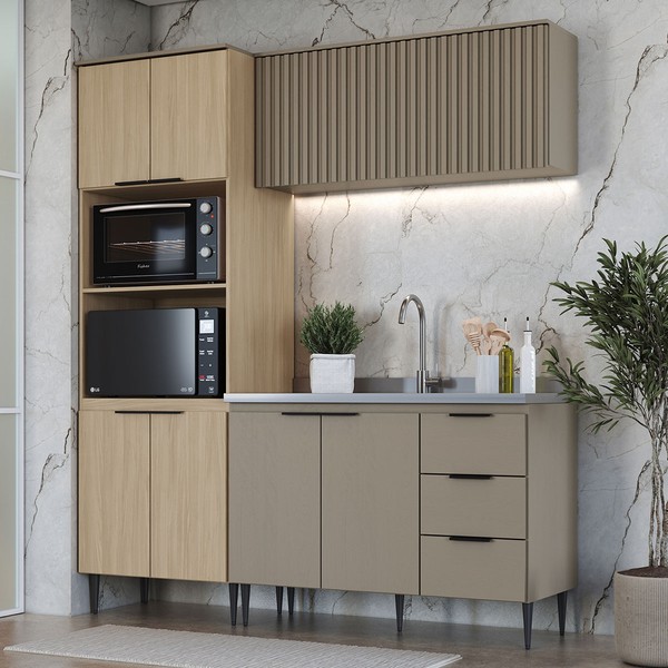 Cozinha Compacta Lavínia 7 Portas 3 Gavetas Ripado Imperial/Fume - Jcarvalho