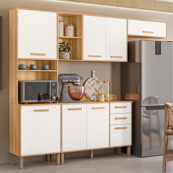 Armário de Cozinha com Balcão Sérvia 8 Portas 2 Gavetas Freijó/Off White - Pnr Móveis