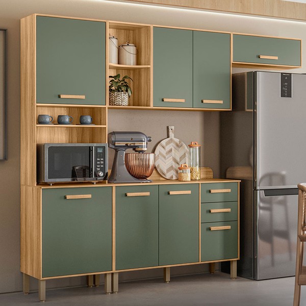 Armário de Cozinha com Balcão Sérvia 8 Portas 2 Gavetas Freijó/Verde - Pnr Móveis