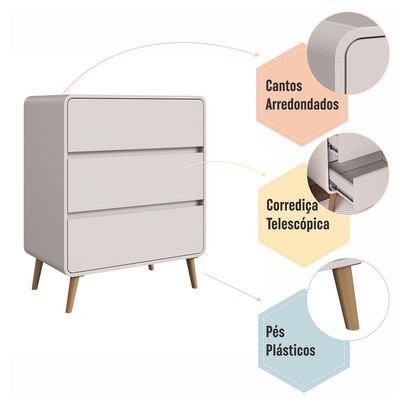 Cômoda Infantil Curve 3 Gavetas Bege Dunas - Completa Móveis