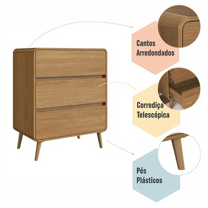 Cômoda Infantil Curve 3 Gavetas Carvalho Xingu - Completa Móveis