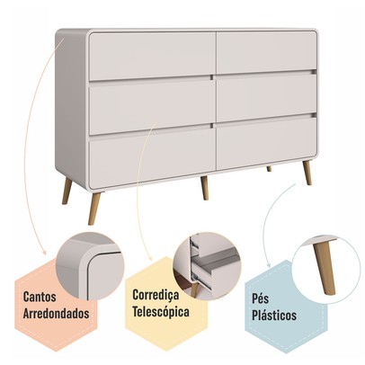 Cômda Infantil Curve 6 Gavetas Bege Dunas - Completa Móveis